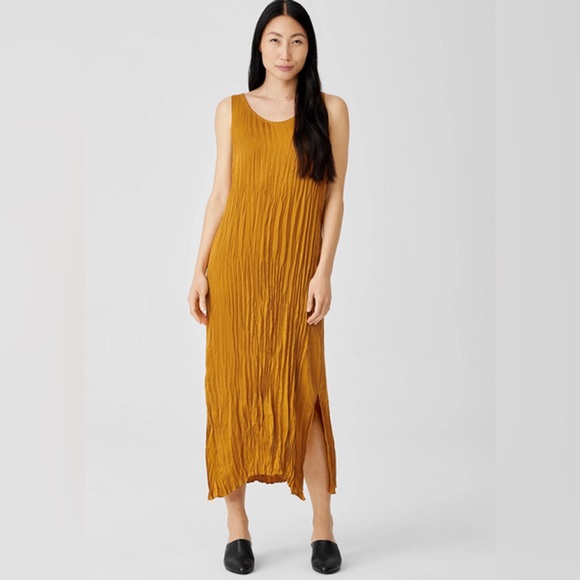 Eileen Fisher Dresses & Skirts - Eileen Fisher Crushed cupro scoop neck dress XXS in mustard - NWOT